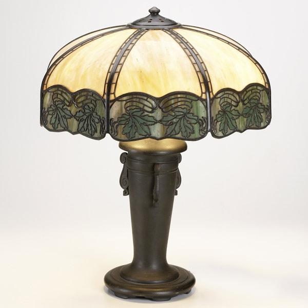 Appraisal: HANDELSlag glass and bronzed metal table lamp in leafy patternShade