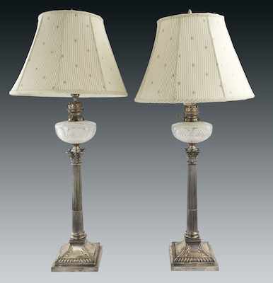 Appraisal: A Pair of Silver Plated and Cut Glass Lamps with