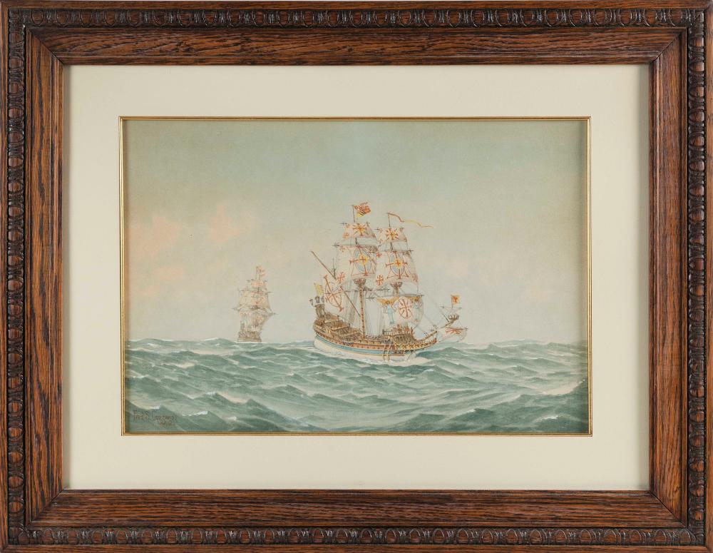 Appraisal: FREDERIC SCHILLER COZZENS NEW YORK - GALLEONS AT SEA WATERCOLOR