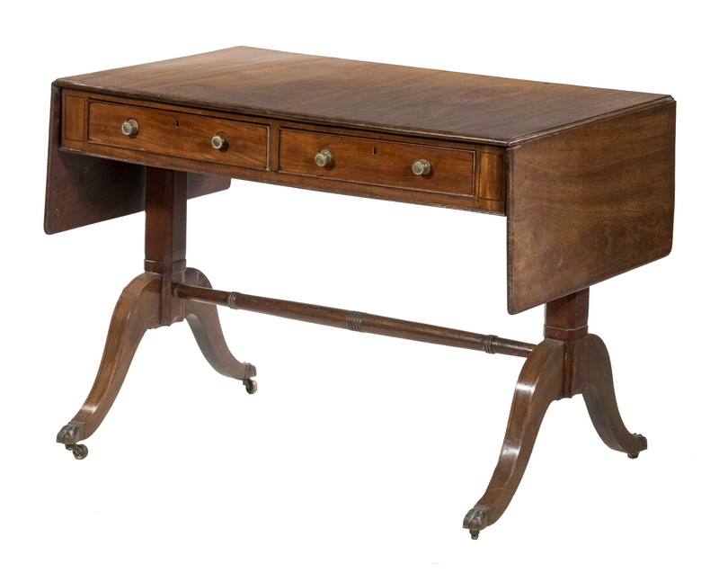 Appraisal: MAHOGANY TWO-DRAWER SOFA TABLE DESK English Regency Table with rounded