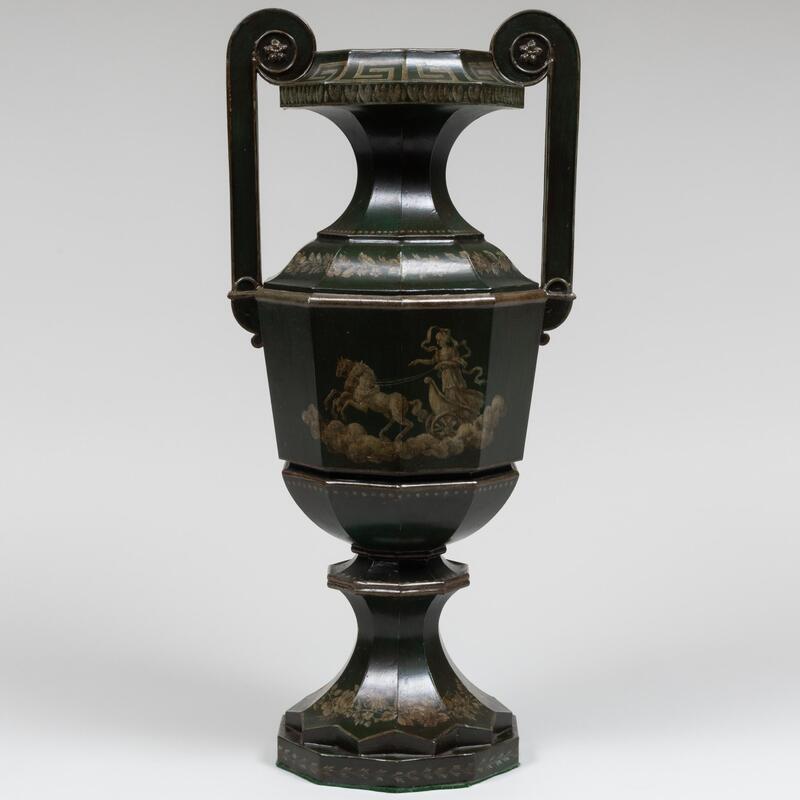 Appraisal: Large English T le Urn with Painted Neoclassical Decoration x