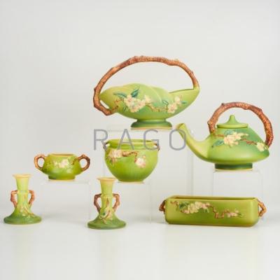 Appraisal: ROSEVILLE Green Apple Blossom seven pieces Teapot creamer jardiniere basket