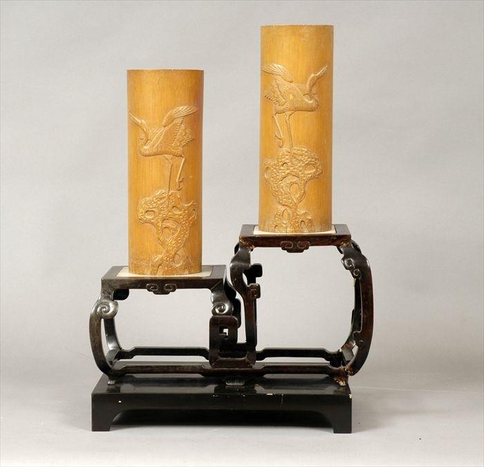 Appraisal: Pair of Japanese Bamboo Brush Holders Carved with Cranes Together