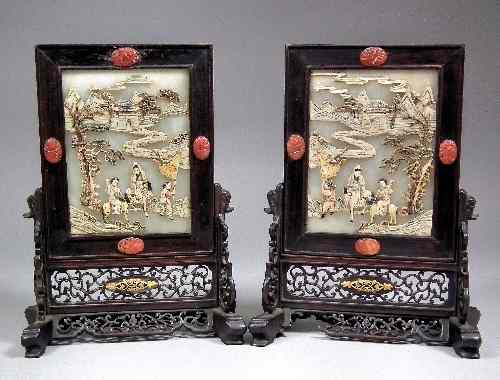 Appraisal: A pair of Chinese white jade rectangular table screens inlaid