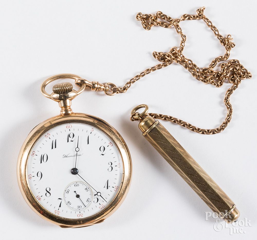 Appraisal: Hamilton K gold pocket watch and chain Hamilton K gold