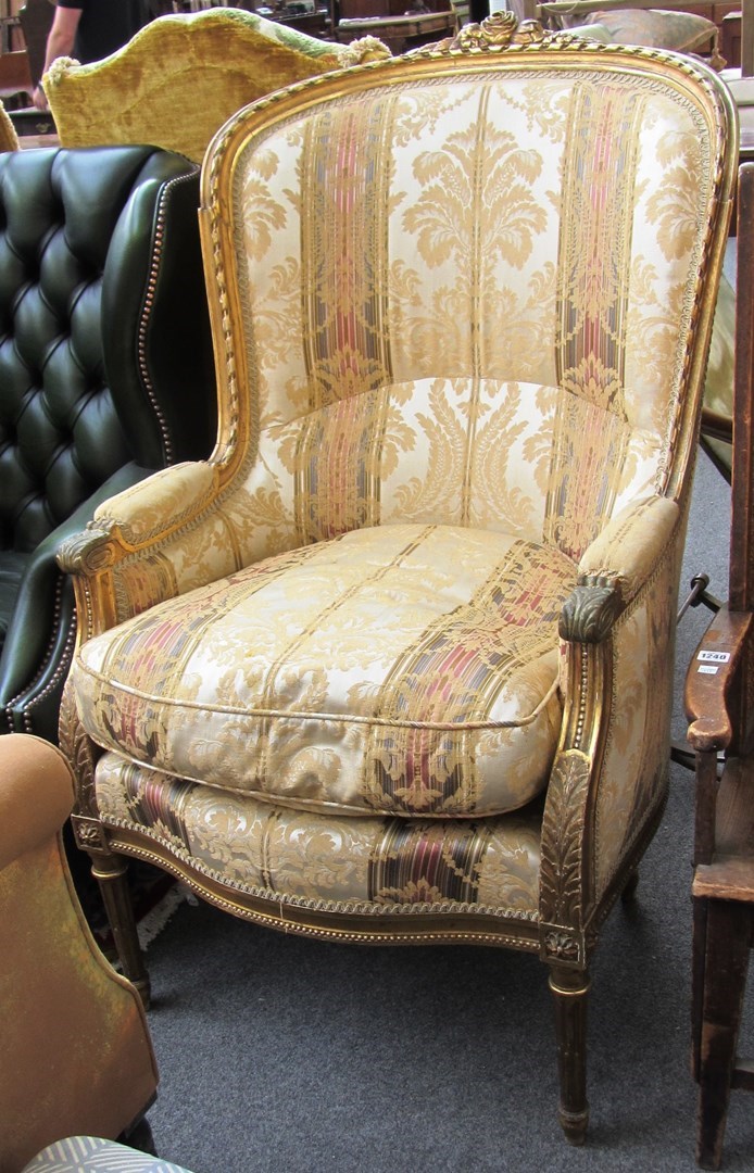 Appraisal: A Louis XVI style gilt framed semi padded armchair on