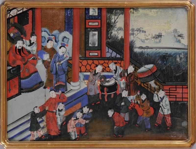 Appraisal: CHINESE REVERSE-PAINTED GLASS PICTURE Depicting children in a garden playing