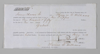 Appraisal: slave promissory note partially printed document specifically for slave rental