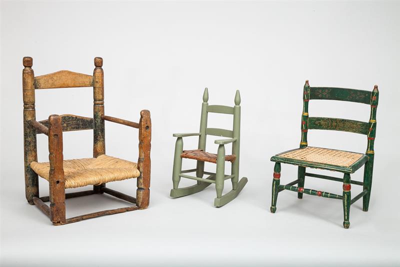 Appraisal: Three American Miniature Child's Chairs Comprising an armchair with rush