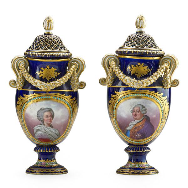 Appraisal: PAIR OF SEVRES COVERED VASES Cobalt and gilt decorated porcelain