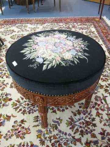 Appraisal: Carved Wood Base Upholstered Ottoman elaborate floral brocade on black