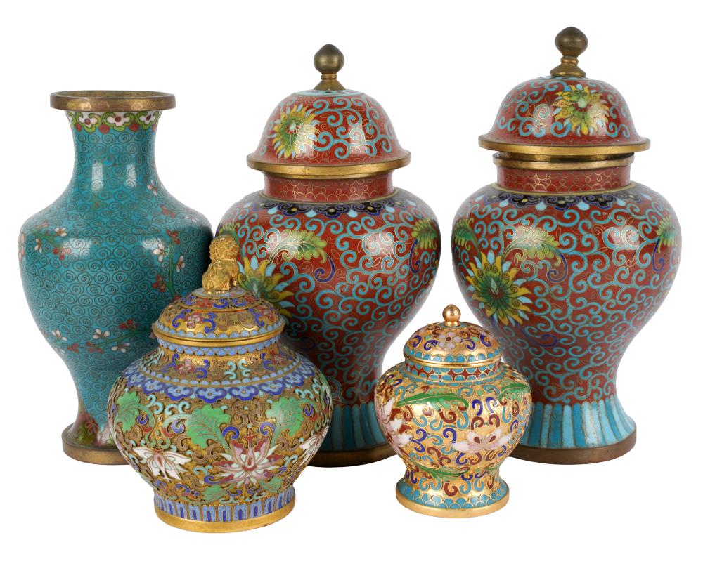 Appraisal: GROUP OF CHINESE CLOISONNE VASEScomprising a pair of covered vases