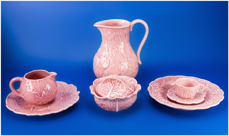 Appraisal: Portuguese Pink Majolica Tableware comprising Lemonade Jug Dish Plate Milk