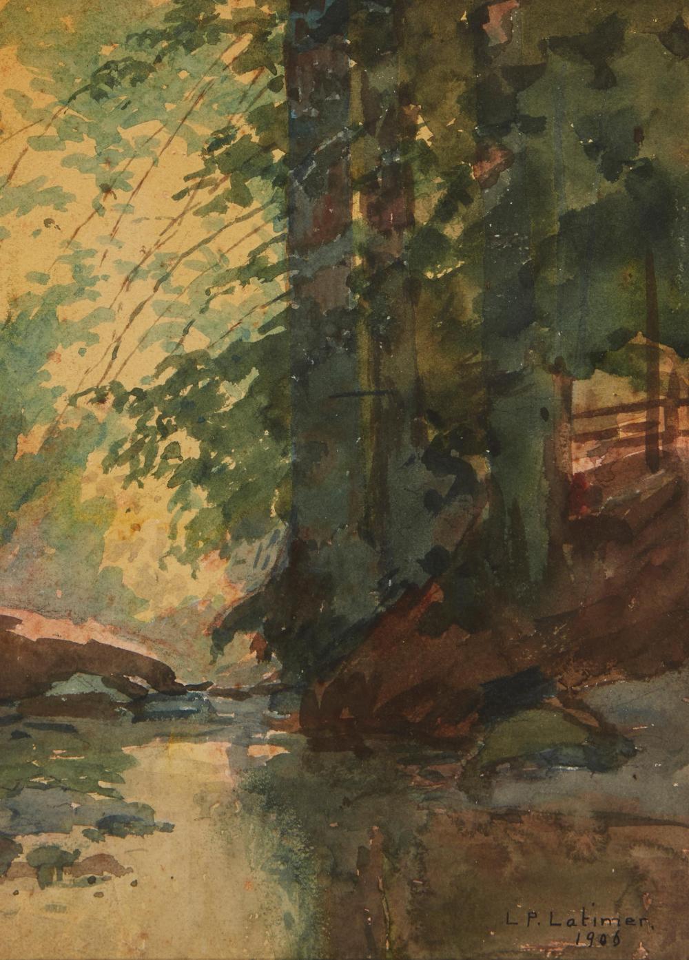 Appraisal: Lorenzo Palmer Latimer - Berkeley CA Forest Stream Landscape Watercolor