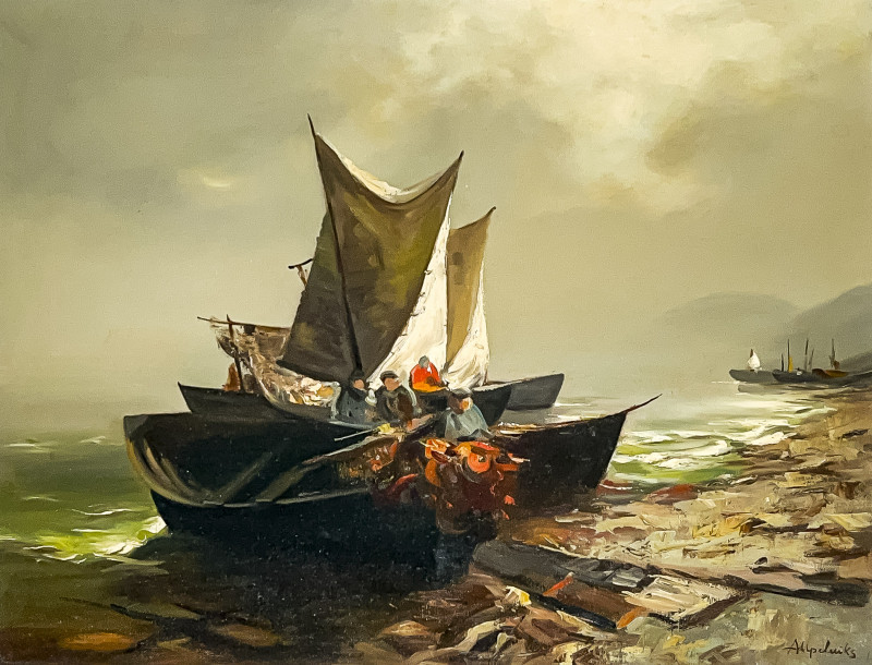 Appraisal: Arthur UpelnieksLatvian American - Untitled Beached Boats oil on canvas