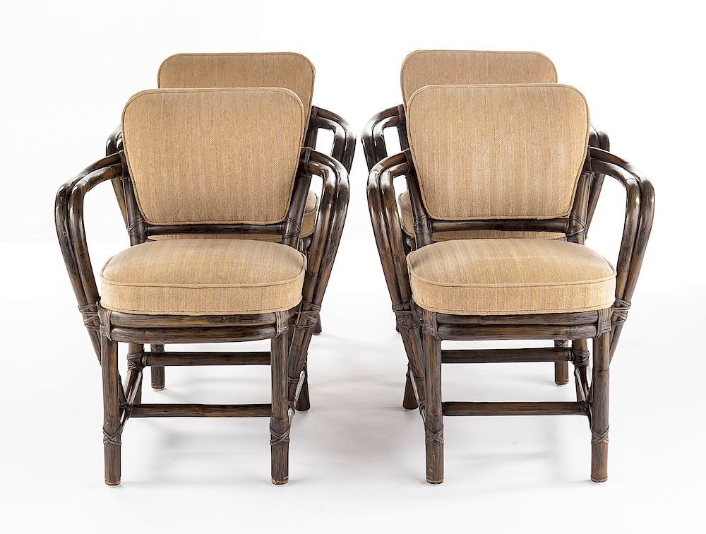 Appraisal: McGuire Rattan Arm Chairs DESCRIPTION Set of four McGuire Rattan