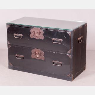 Appraisal: A Japanese Lacquered Low Chest with Wrought Metal Fittings Meiji