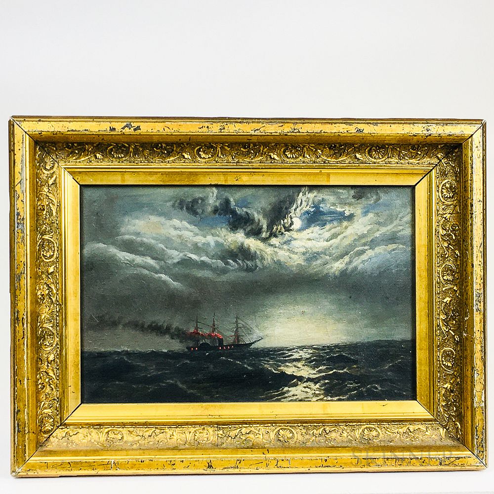 Appraisal: American School th Century Nighttime Nautical Scene with a Steamship