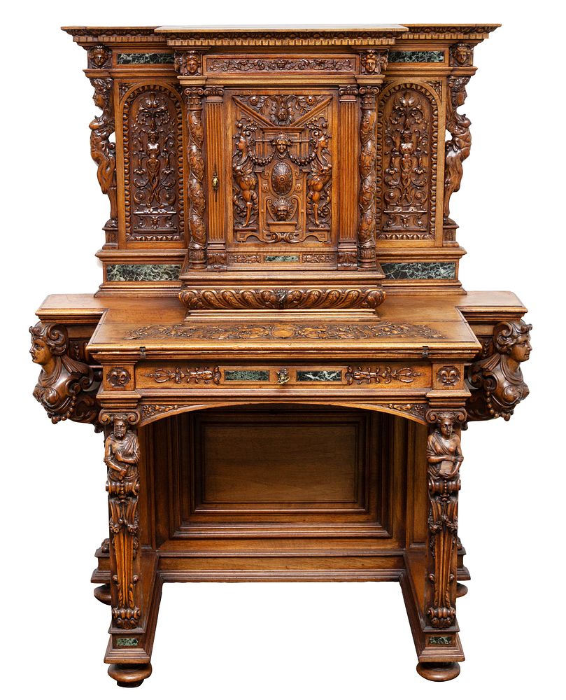 Appraisal: FRENCH RENAISSNACE-REVIVAL FIGURAL-CARVED WALNUT AND MARBLE INSET RESERVE SECRETARY CABINET