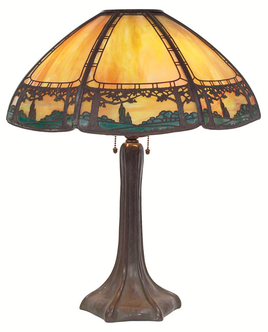 Appraisal: Handel table lamp slag glass with metal overlay and landscape