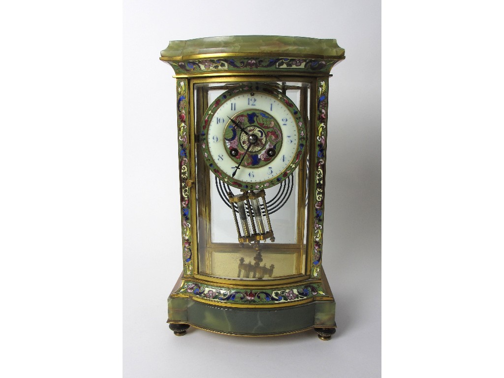 Appraisal: A champleve enamel brass and green onyx mantel clock with