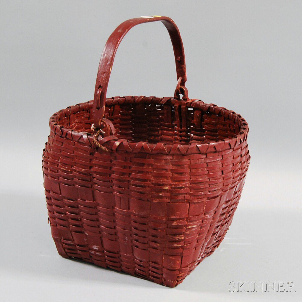 Appraisal: Red-painted Woven Splint Handled Basket supposedly from the Roger Bacon