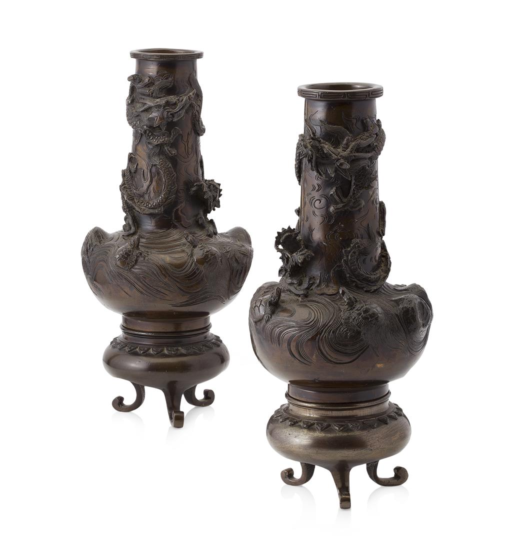 Appraisal: PAIR OF BRONZE VASES MEIJI PERIOD the globular body cast