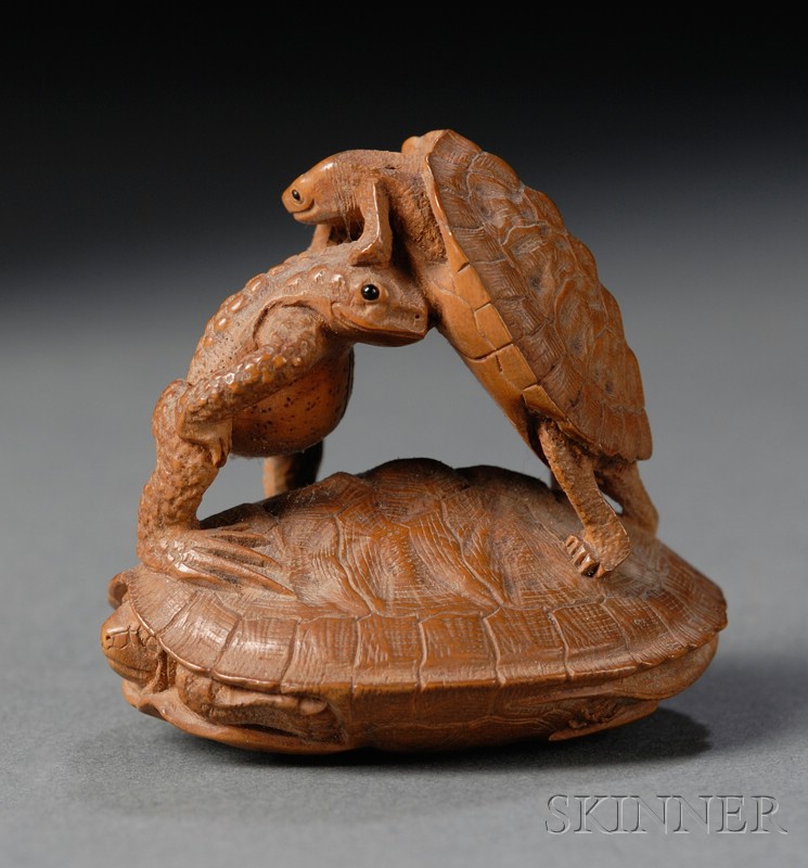 Appraisal: Boxwood Netsuke th century a frog wrestling with a turtle