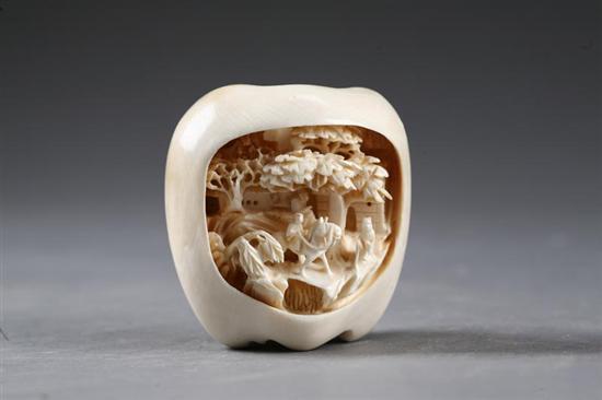 Appraisal: IVORY APPLE China Almost life size apple with carved landscape