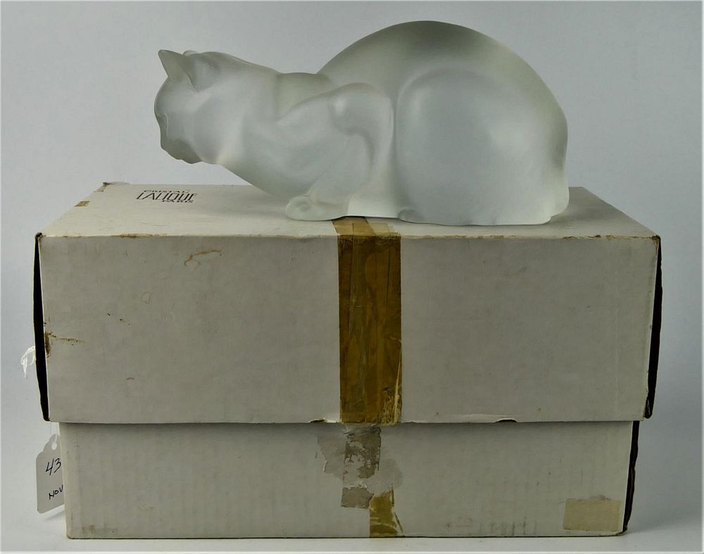 Appraisal: LARGE LALIQUE FROSTED CROUCHING CAT WITH BOX Measures about long