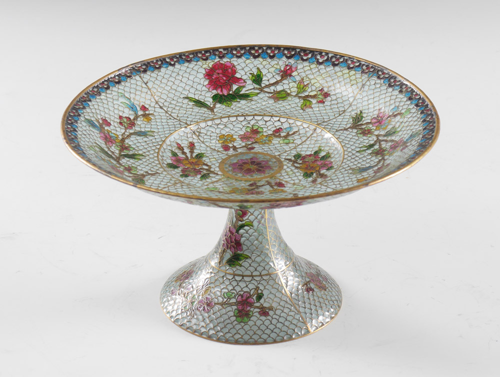 Appraisal: PLIQUE A JOUR COMPOTE Polychrome floral decorated motif '' x