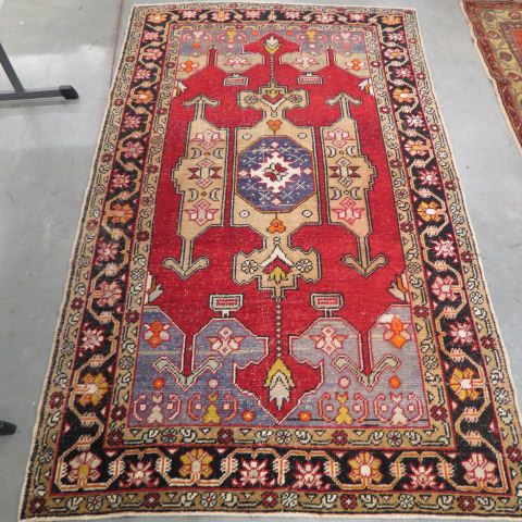 Appraisal: Oushak Turkish Handmade Rug geometrics red field ' x '