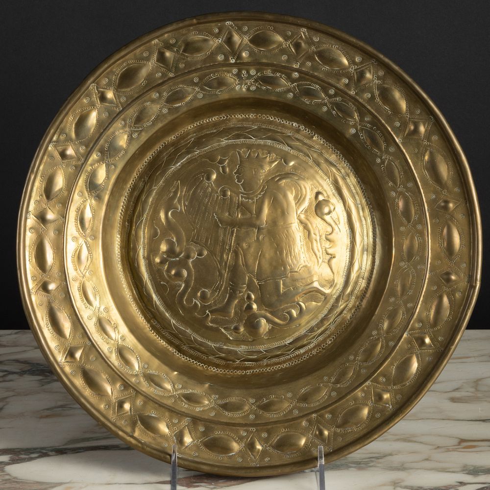 Appraisal: German Brass Repouss Alms Dish With King David playing a