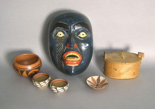 Appraisal: Four piece native American pottery together with a carved mask