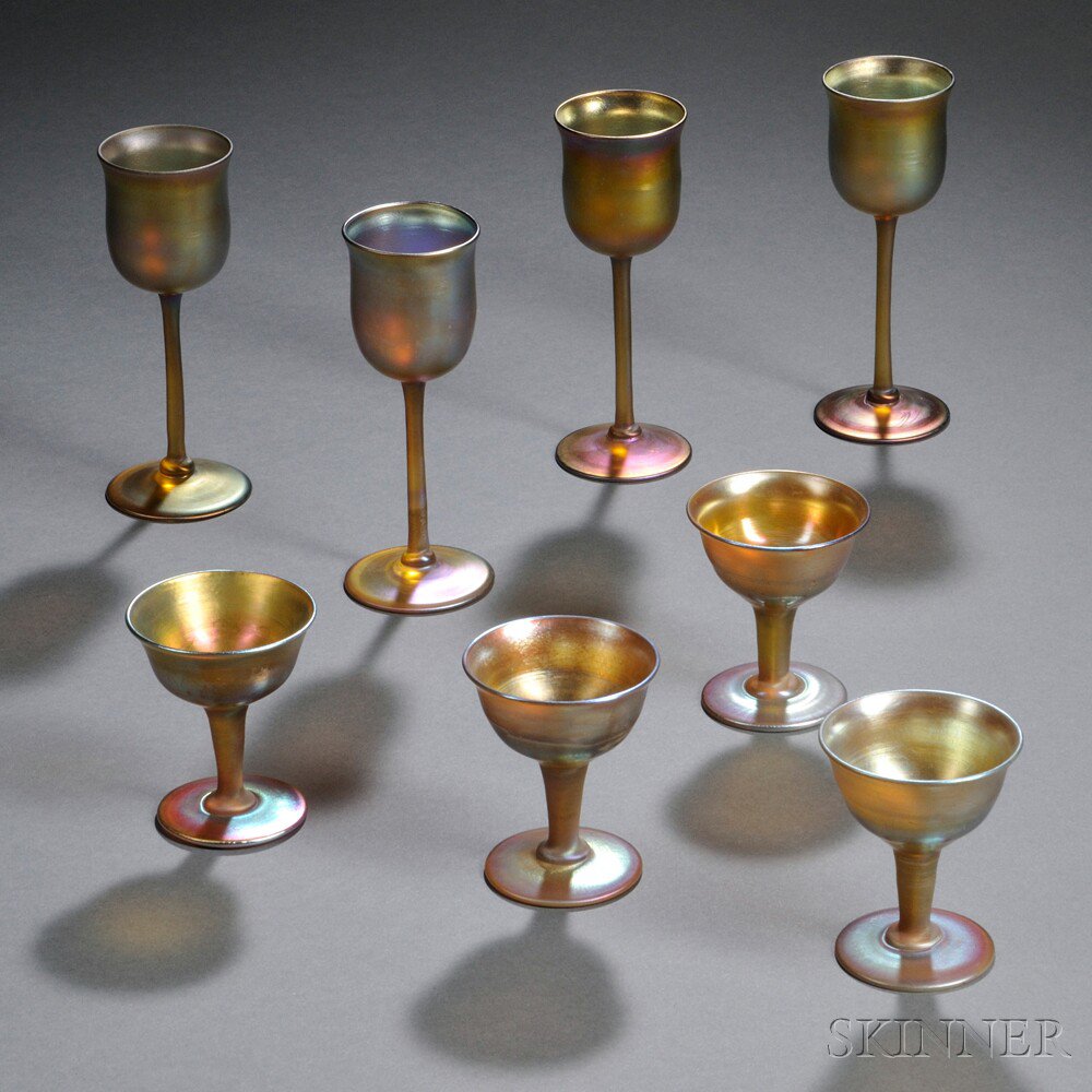 Appraisal: Eight Tiffany Gold Favrile Cordials Art glass New York early