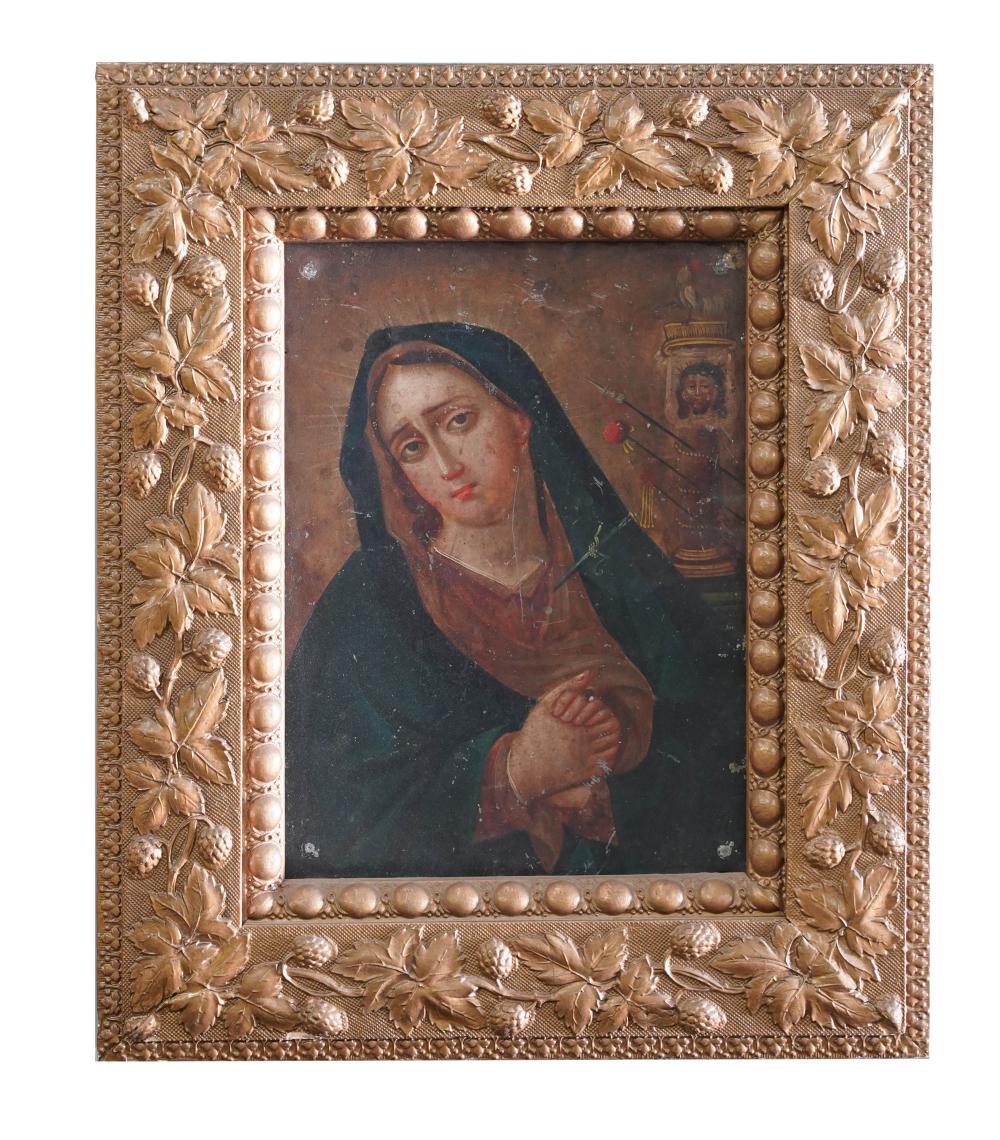 Appraisal: RETABLO PAINTING OF THE VIRGIN MARYoil on tin Condition paint