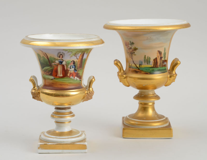 Appraisal: TWO PARIS PORCELAIN CAMPANI-FORM SCENIC URNS The smaller with a