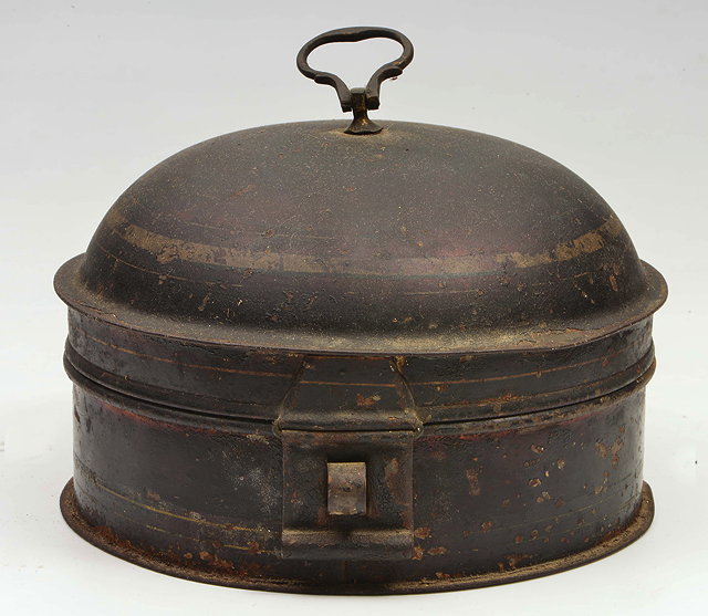 Appraisal: A VICTORIAN TOLEWARE DOME TOPPED CYLINDRICAL SPICE BOX the interior