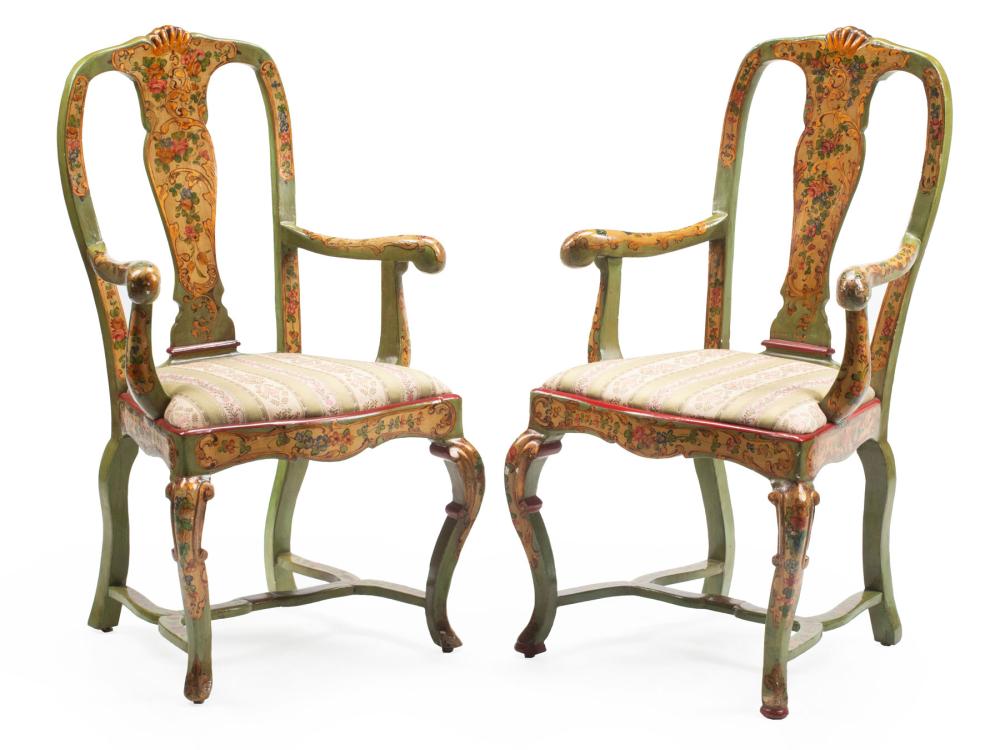 Appraisal: Pair of Venetian Polychrome Painted Armchairs vasiform splat scrolled arms