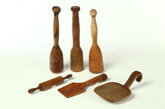 Appraisal: SIX WOODEN UTENSILS American nd half- th century Three pestles