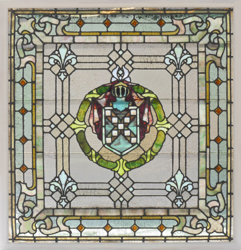 Appraisal: LARGE SQUARE PANEL OF LEADED GLASS Heraldic helmet and shield