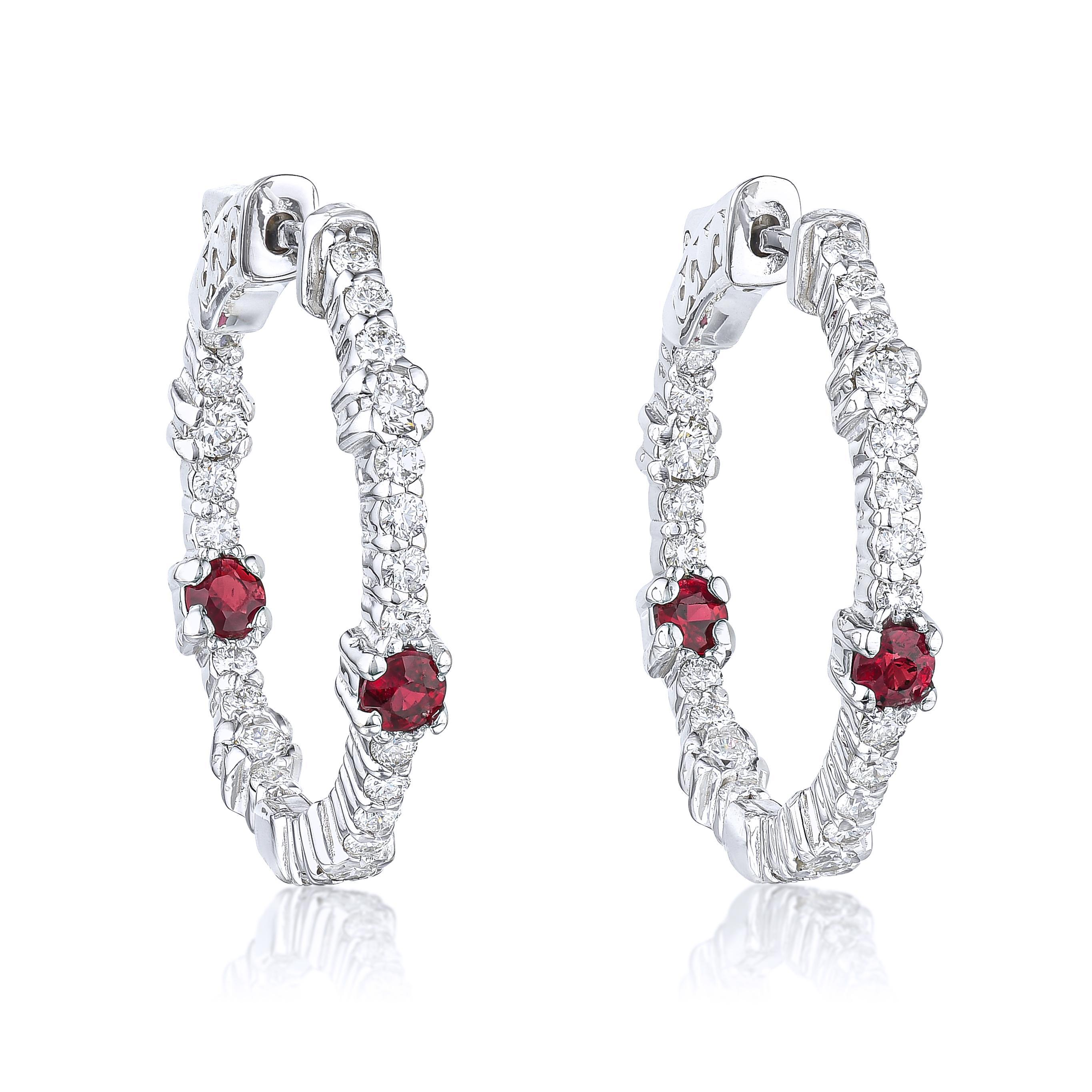 Appraisal: DIAMOND AND RUBY INSIDE-OUT HOOP EARRINGS METAL K white gold