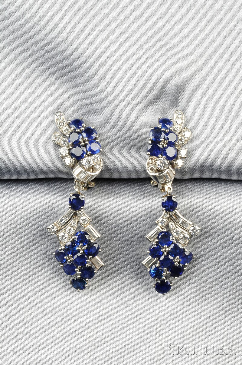 Appraisal: Platinum Sapphire and Diamond Earpendants Gazdar set with circular-cut sapphires