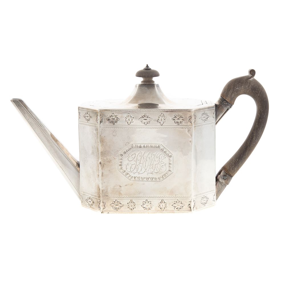 Appraisal: George III Silver Tea Pot HC London shaped geometric with