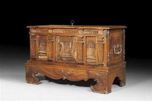 Appraisal: WALNUT COFFER Renaissance dated Neuch tel With salient lid and