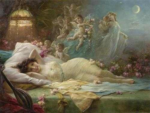 Appraisal: ZATZKA HANS Vienna Reclining beauty with angels Oil on canvas