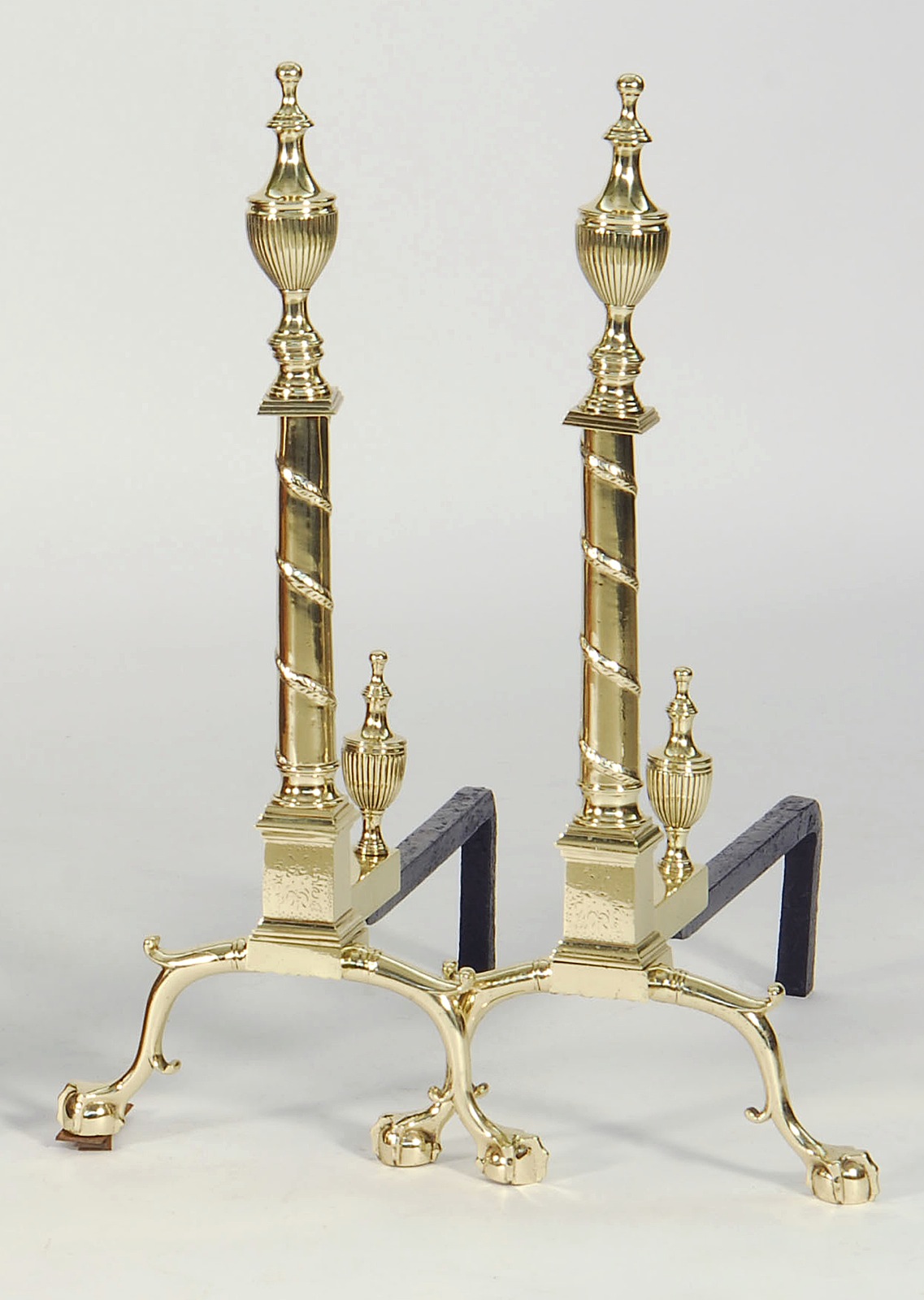 Appraisal: PAIR OF TALL FEDERAL-STYLE BRASS ANDIRONS th CenturyWith urn-form tops