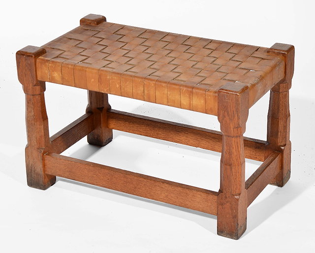 Appraisal: Small oak stoolwith leather lattice top attributed to Robert Thompson