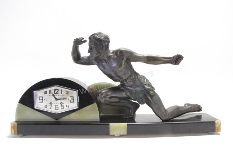 Appraisal: Jean De Roncourt Alerte Figural Clock Art Deco style Jean