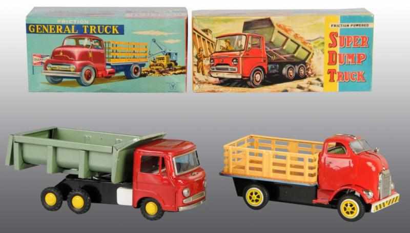 Appraisal: Lot of Tin Dump Truck Friction Toys Description Japanese Working